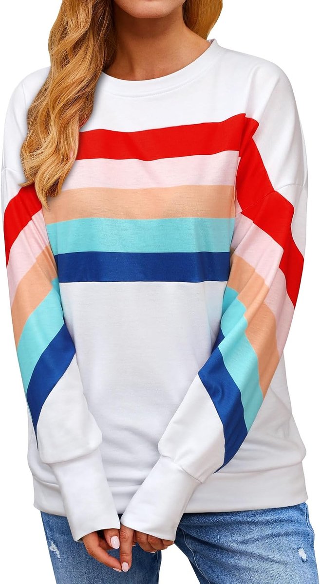 Dames regenboog sweatshirt gestreept pullover jumper kleurblok lange mouwen blouse elegant bovenstuk