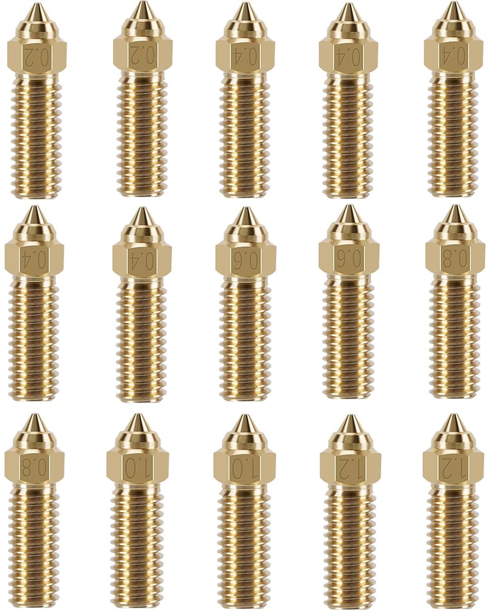 15 stuks K1 messing sproeierset, 3D-printers hoge snelheid, 5 stuks sproeiers van 0,4 mm en 2 stuks 0,2 mm, 0,6 mm, 0,8 mm, 1,0 mm, 1,2 mm sproeiers, set voor K1, K1 max