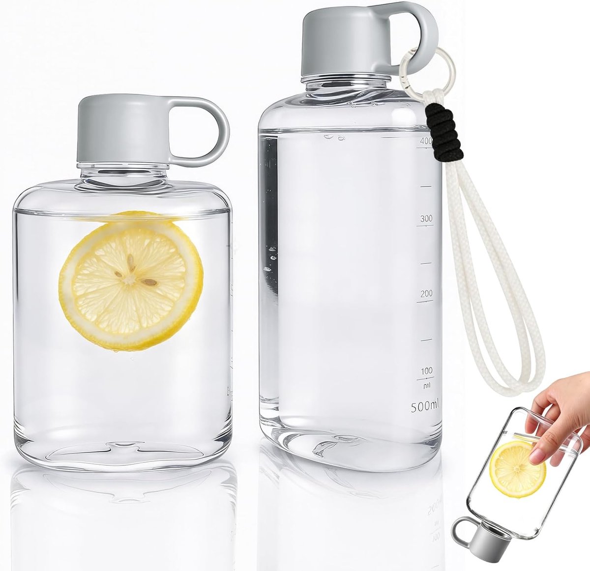 2 platte waterfles, draagbaar, met tijdmarkering, Tritan, BPA-vrij, luchtdicht, kunststof fles met handvat voor fiets, school, hardlopen