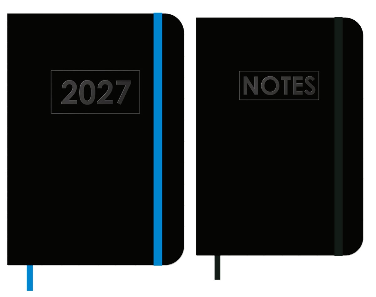 MGPcards - A6 Agenda 2027 - Weekoverzicht 1w/2p - Zwart + Blauw elastiek - 10,5 x 14,8 cm + Notitieboekje/opschrijfboekje - gelinieerd - 80 pagina's - A6 - Zwart