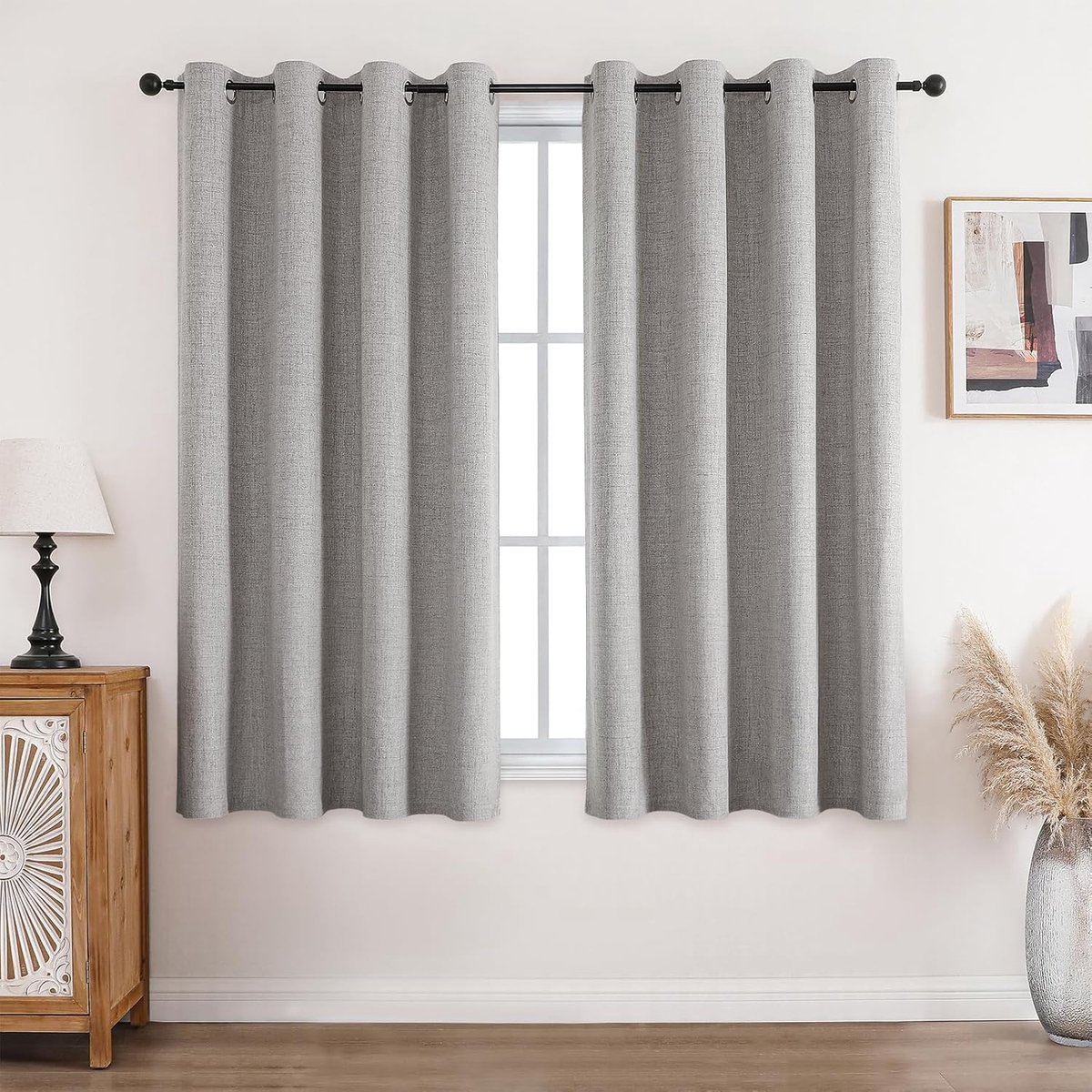 Gordijnen, 100% ondoorzichtig, linnen, met ringen, verduisteringsgordijnen, grijs-wit, 160 x 132 cm (h x b), set van 2, thermogordijn, koudebescherming, geluidsisolatie, gordijn voor woonkamer