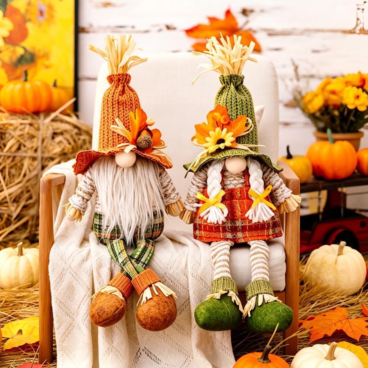 Kabouter, 2 stuks met zonnebloem, , esdoornblad, 43 cm, herfstdecoratie, kabouter, pluche, elf, pop, herfstdecoratie, binnen, herfstdecoratie, tafel voor thuis, woonkamer