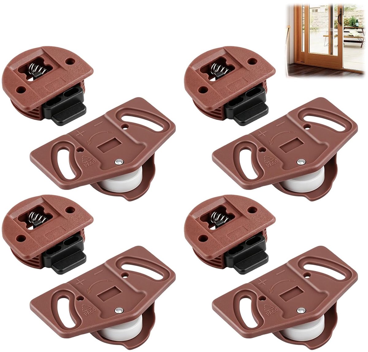 Schuifdeur, 4 stuks, bruin, schuifdeurbeslag met wielen, looprail, schokdemping, loopdeel, schuifdeur, geleidingsgrendel voor schuifdeurbeslag, kast om vast te schroeven voor vitrines, meubels