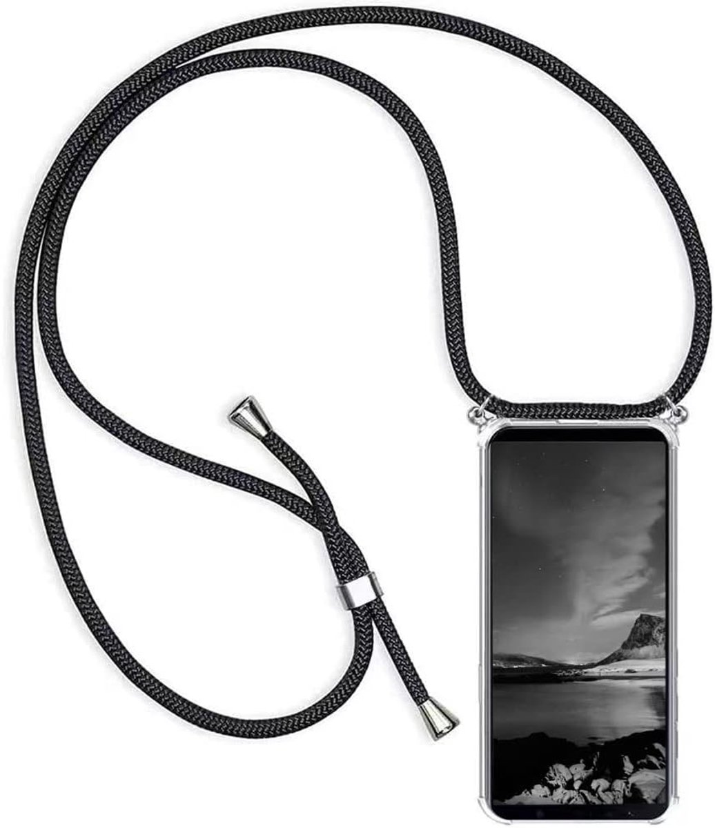 Telefoonhoesje met koord,compatibel met ZTE Blade A73 5G, telefoonhoes met koord om om te hangen,beschermhoes met ketting, transparant, zachte TPU-siliconen bumper, Zwart