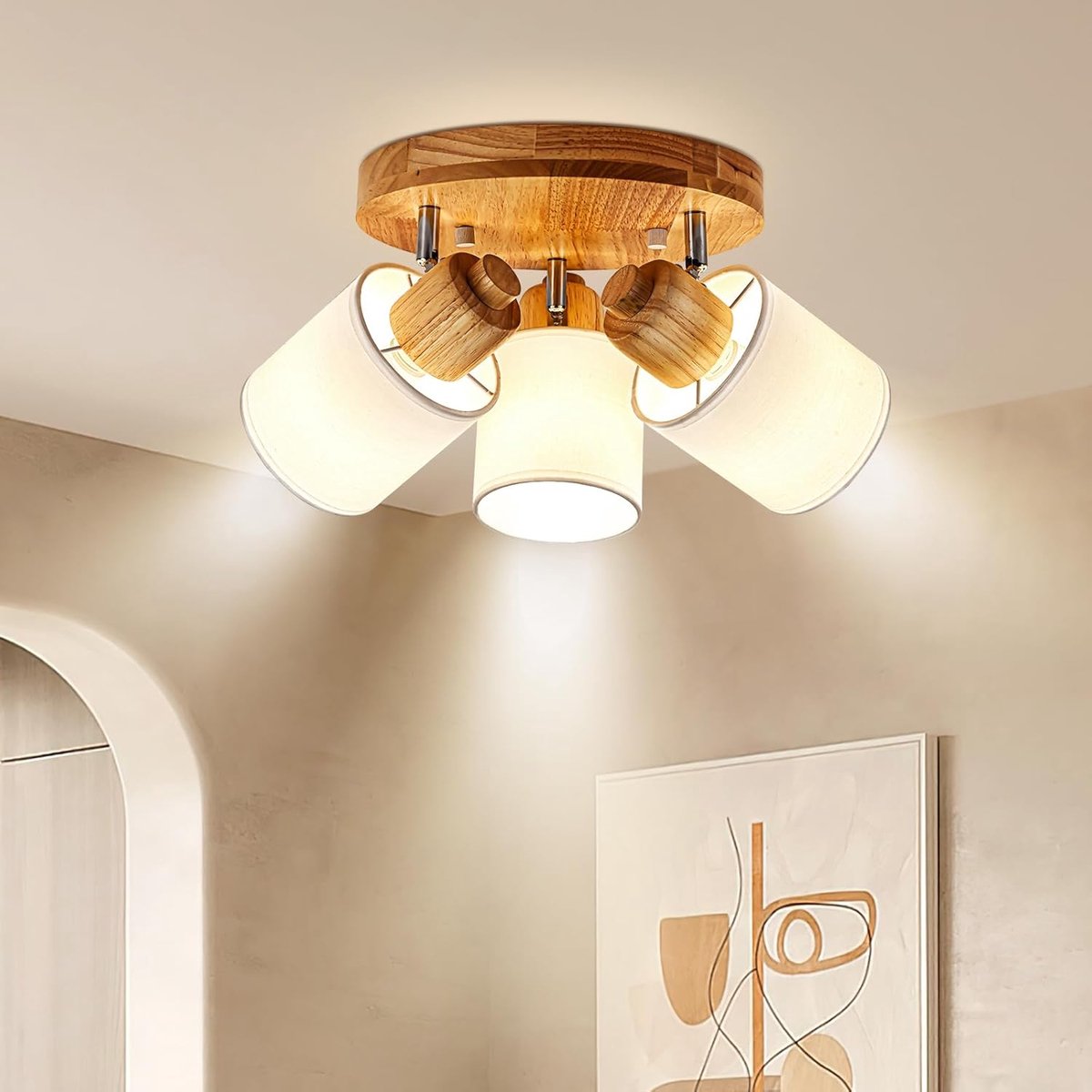 Plafondlamp, plafondspot, 3-lichts, houten - ronde plafondlamp, plafondspot, woonkamer, vintage, E14, draaibare lamp, plafond-/wandspot, MAX 30W, voor slaapkamer, keuken, hal, lampen niet inbegrepen