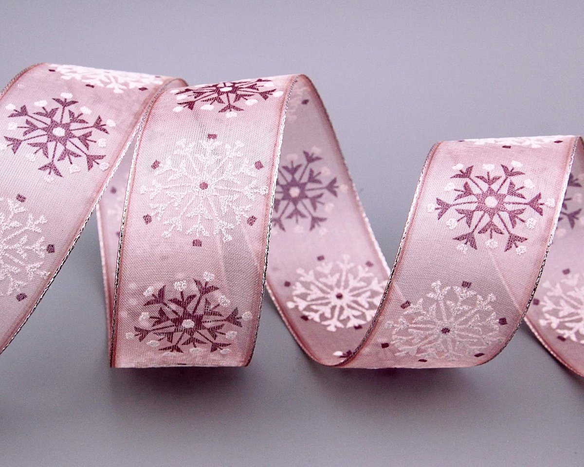 20 m x 40 mm Decoratielint "Snow Wonder" ROZE Zilver cadeaulint sneeuwvlokchiffonlint met draad lurex decoratief lint glimmend winter kerstmis