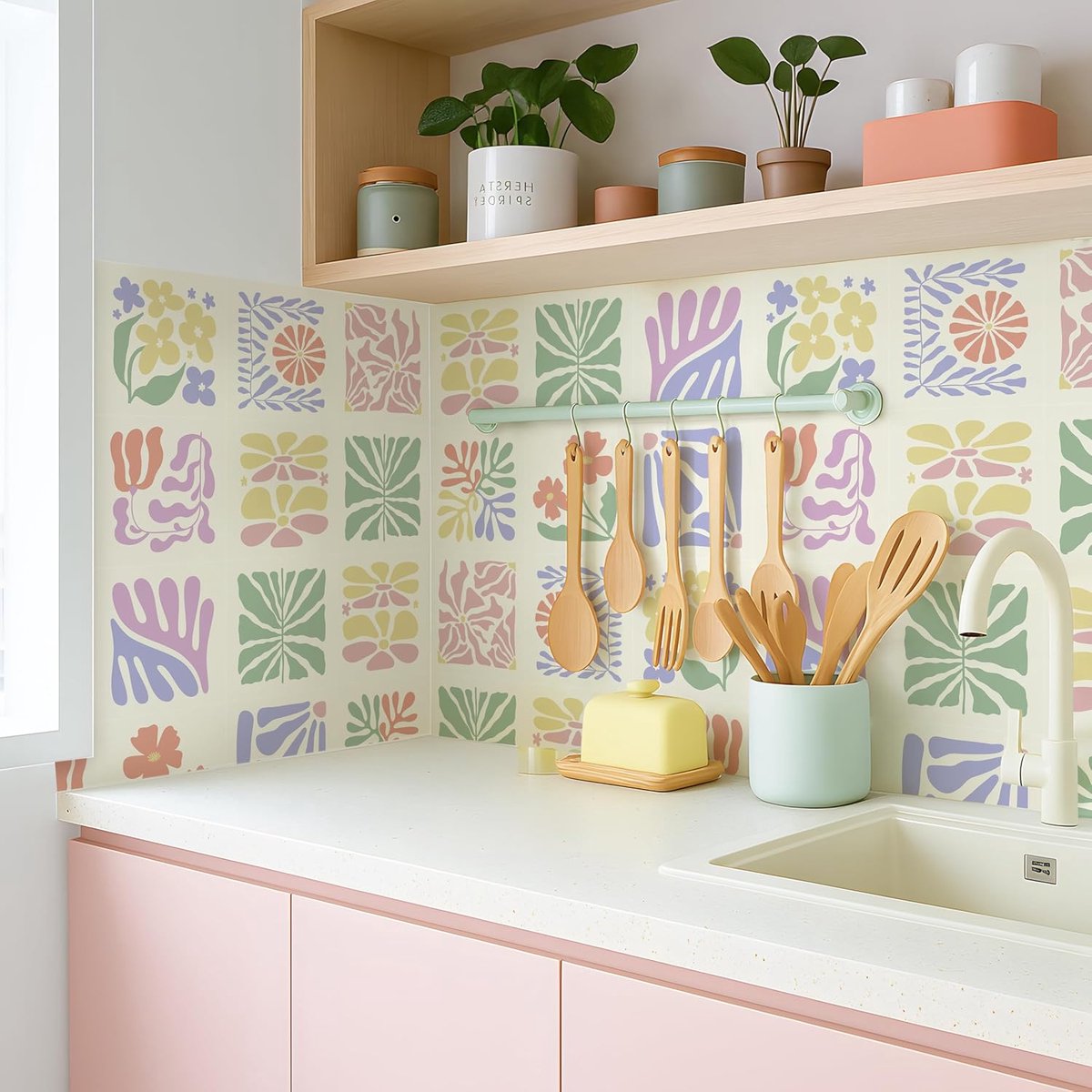 Zelfklevende vinyl waterdichte spatwand, 15 x 15 cm x 10 stuks, beschermfolie verwijderen en opplakken, tegelstickers voor badkamer, keuken, vloer aan de muur, roze / paars / gele bloemen