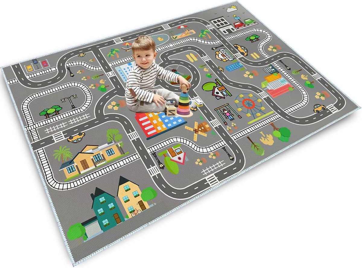 Automatten voor kinderen speelgoedauto's voor slaapkamer,Kinderen Tapijt Speelmat Stad Leven Geweldig om te Spelen met Auto's en Speelgoed,Kindergebied Straat Stad Tapijt voor Klaslokaal(A,120x180cm)