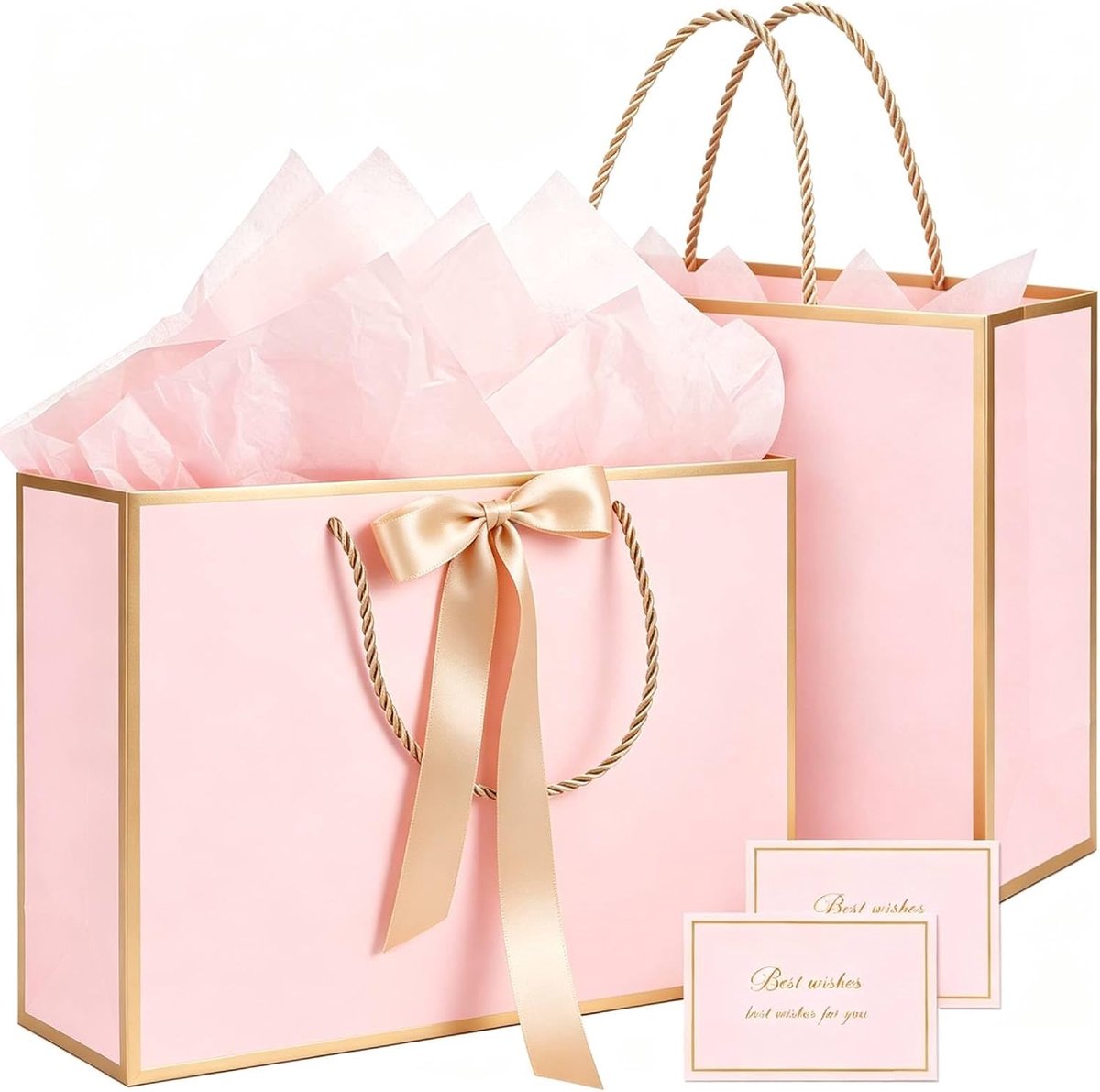 Cadeautassen 2 STUKS, Cadeautasse met Handvatten Lintstrik, Set Medium Cadeautassen met Vloeipapier Wenskaart, voor Meisjes Vrouwen Verjaardag Bruiloft (Roze met gouden rand)