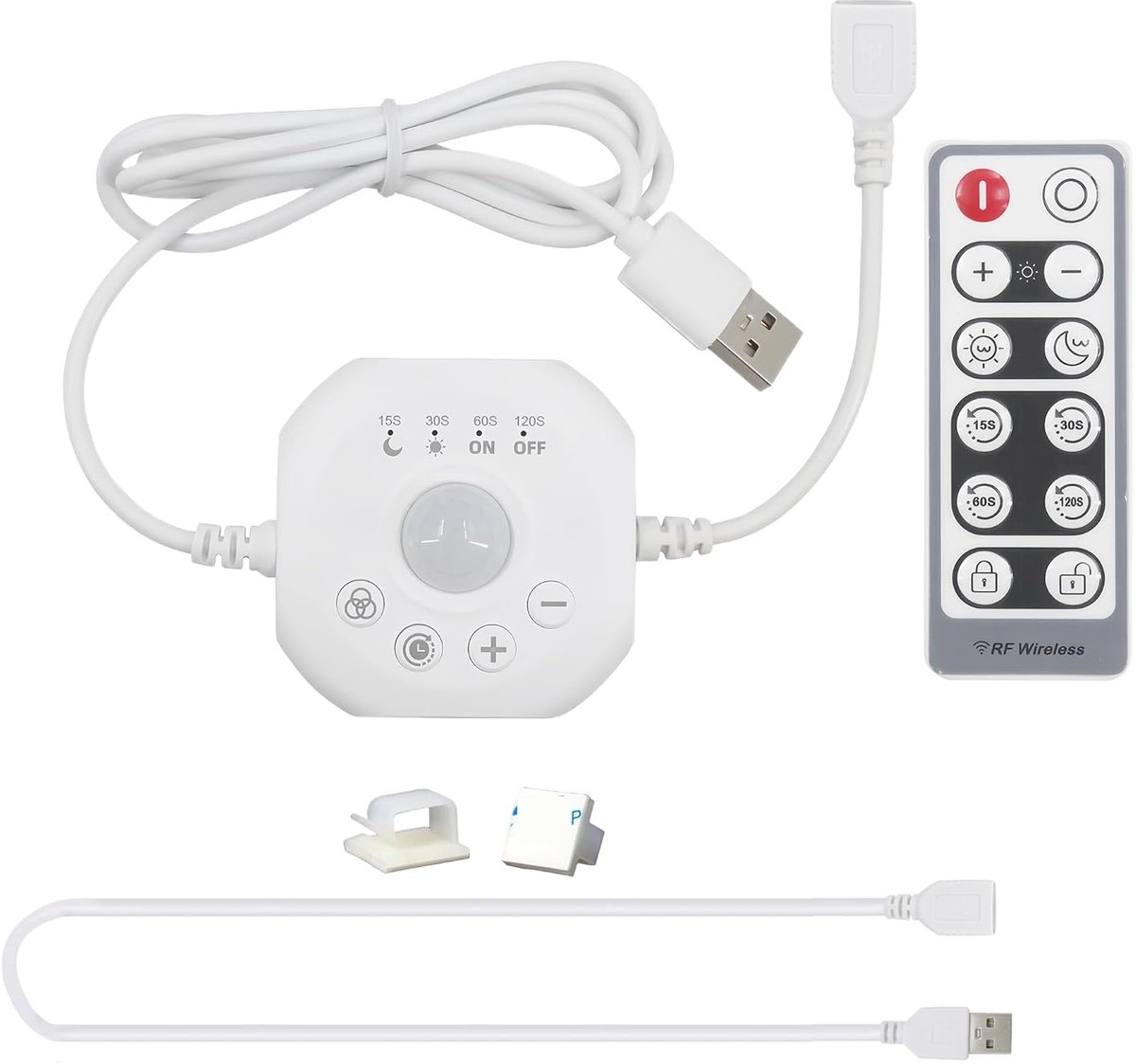 5V USB-bewegingssensor dimschakelaar met afstandsbediening, instelbare helderheid en tijdvertraging, daglicht en nachtmodus, voor binnenstripverlichting met USB-mannelijke en vrouwelijke