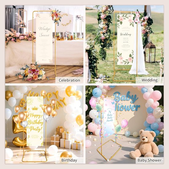 Bruiloft welkomstbord standaard 80 × 50 × 180 cm Welkom bij onze bruiloft bord houder standaard met 4 lederen banden, zware metalen ezel voor teken poster — afbeelding 4