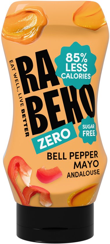 Oranje fles Rabeko Zero Andalouse saus met '85% minder calorieën' en 'suikervrij'.