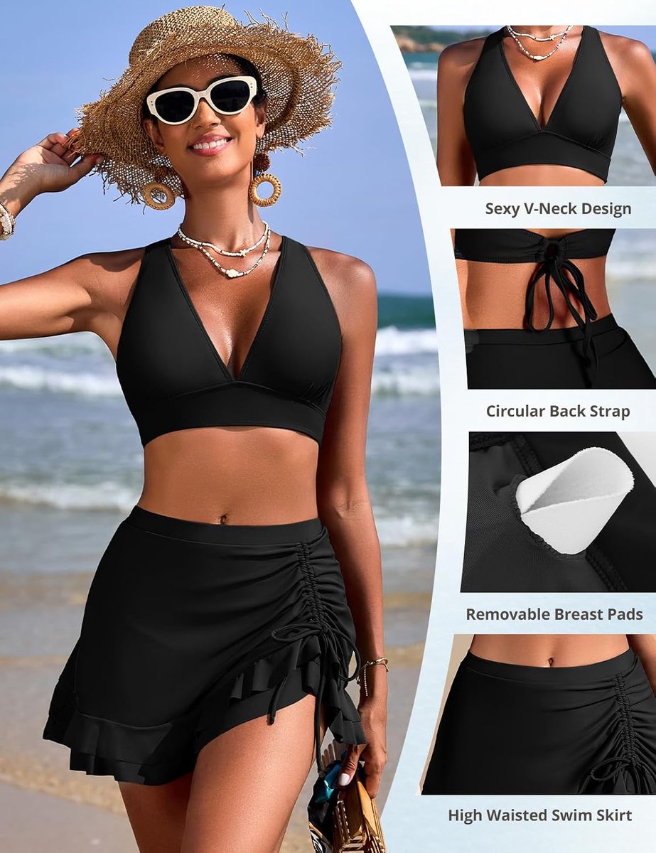 Badpak voor dames, tweedelig, hoge taille, sexy rok, V-hals, gevoerde badpakken voor zwembad op het strand