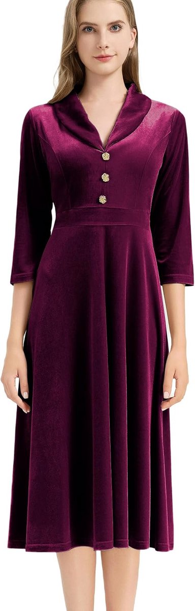 Dames Fluwelen Jurk Elegante Vintage Midi 3/4 Lange Mouwen Herfst Winterkleding Feest Bruiloftsgast