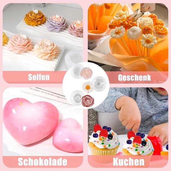 3D siliconen bloemvormen, siliconen vormen set, 3 stuks kaarsvorm bloemen, transparante siliconen zeep bloemvormen, kaarsvormen, roos chocoladevormen (pioenroos, roos, chrysant) — afbeelding 2