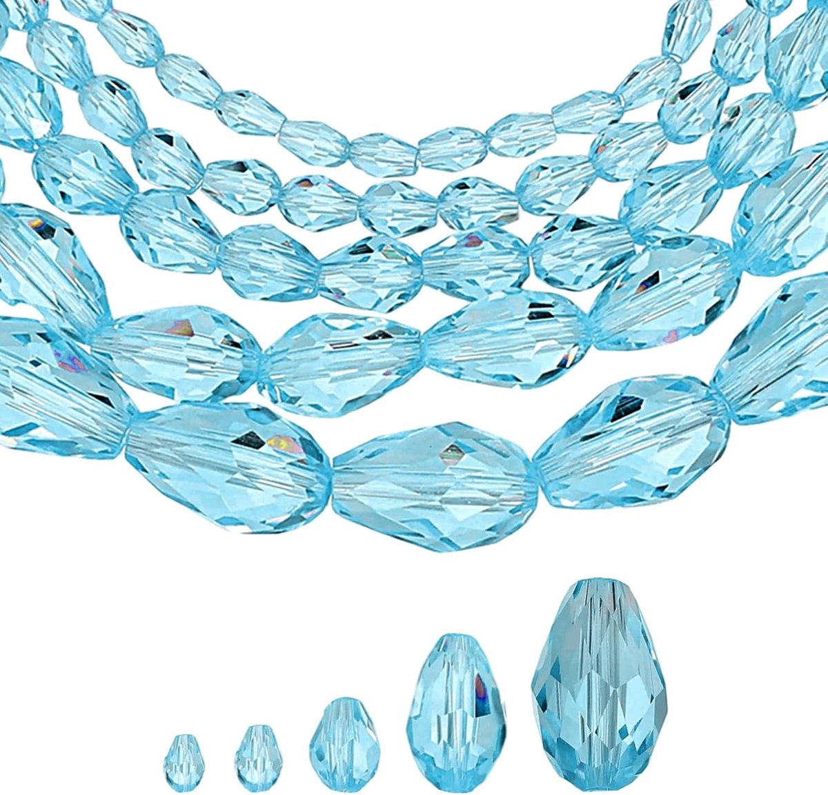 Glazen druppelvormige kristallen, 328 stuks, 3 x 5 mm, 4 x 6 mm, 6 x 8 mm, 8 x 12 mm, 10 x 15 mm, verticaal gat, kristallen in druppelvorm met sneden, voor halskettingen, armbanden