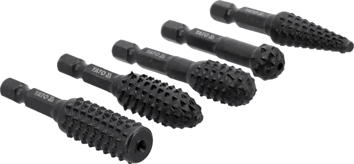 Roterende Houtvijlen Set 5-Delig - Houtfrees Set 12 mm - 1/4 Hex Zeskant Opname - Zwart Geoxideerd Koolstofstaal - Roterende Houtrasp & Beitel Set voor Boormachine & Accuschroevendraaier - Wood Carving, Deursloten & Houtbewerking