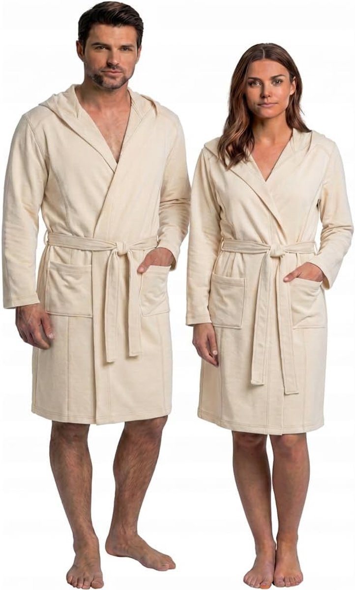 L&j Badjas voor dames en heren, uniseks, microvezel met capuchon, zacht en absorberend, met zakken en riem, ideaal voor badkamer, spa, zwembad, fitnessstudio, sport, beige