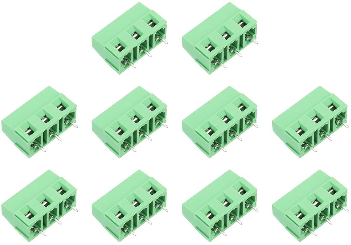 Blokconnector PCB, 10 stuks blokstekkers met schroefklem, printplaatmontage, 3-polig, verdeling 7,62 mm/0,3 inch (uitschakelbaar) 300 V 10 A (groen, 23 x 18,5 x 10 mm)