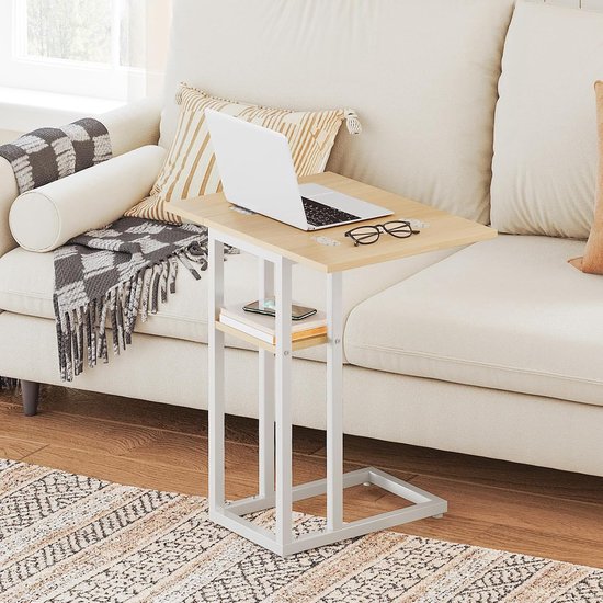 C-vormige bijzettafel, opklapbare banktafel, salontafel, snacktafel met opbergplank, smal nachtkastje voor woonkamer, slaapkamer, metalen frame, witte en houten afwerking EWN29SF01 — afbeelding 5