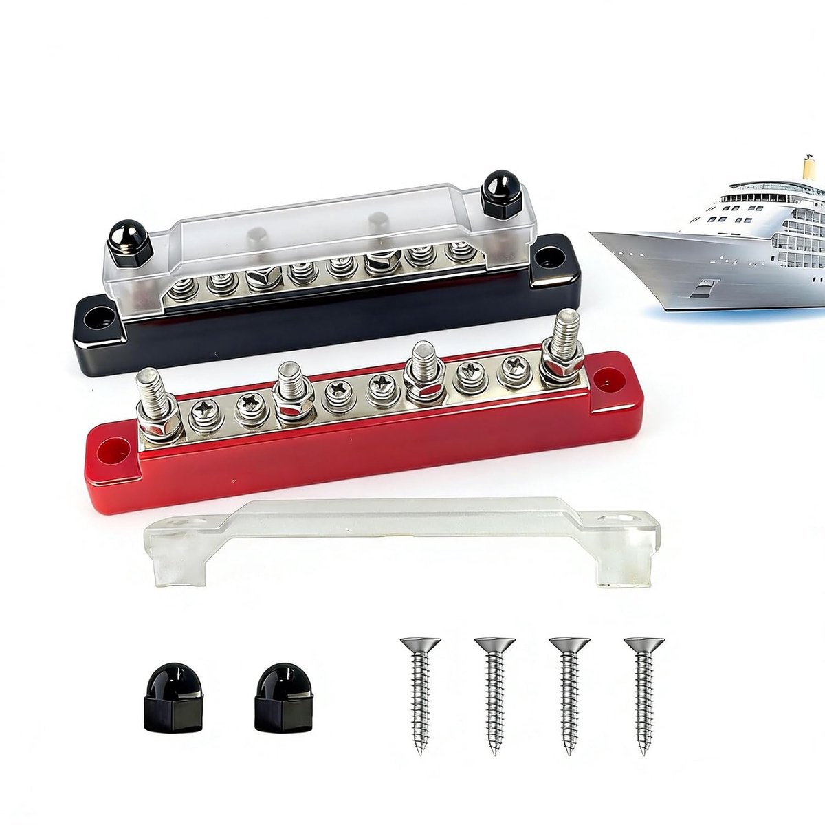 2-Pack 150A Verdeleblok, DC Verzamelrail Busbar met Afdekking, Rood/Zwart 12V-48V voor Auto, Camper, Boot, met 2x M6 Aansluitbouten & 6x M4 Schroefklemmen