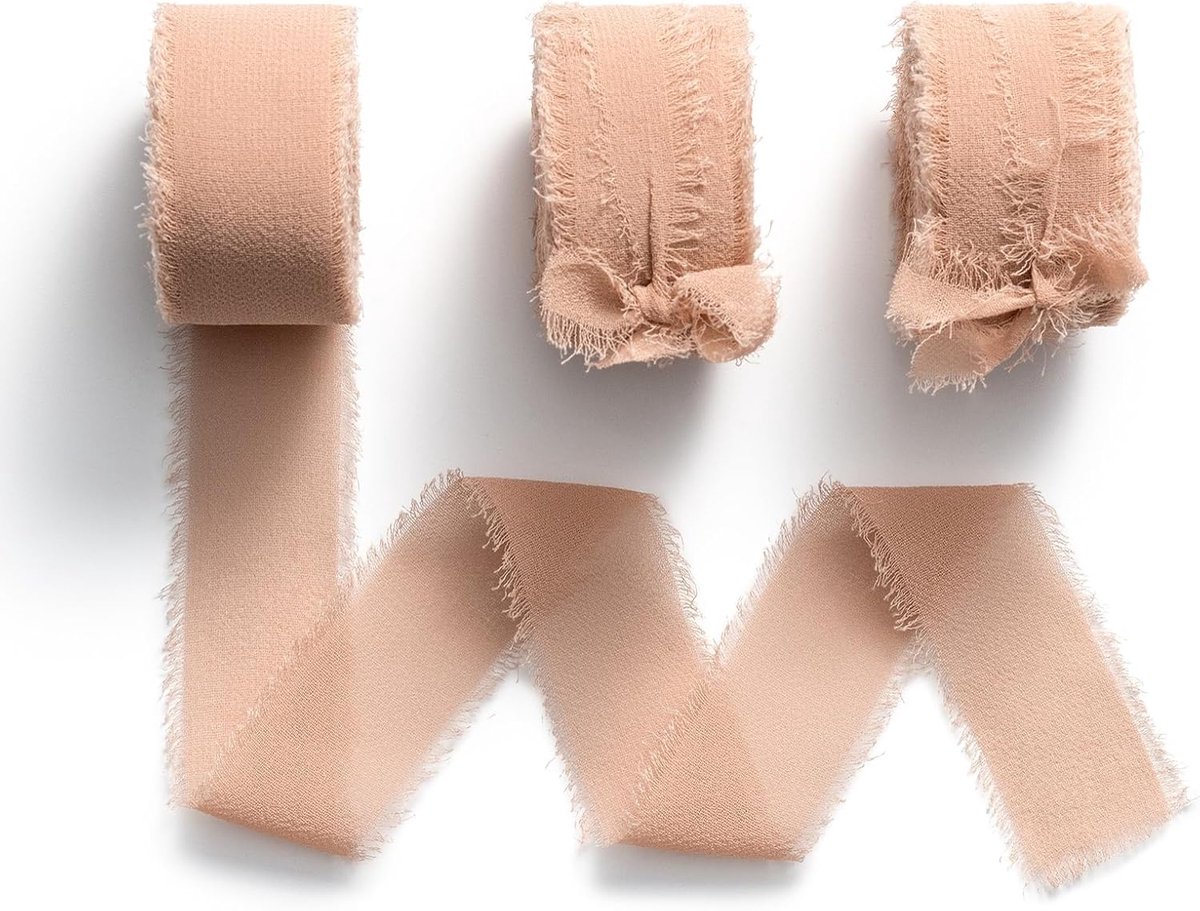 Chiffon lint Cadeaulint Breed Lint Geschikt voor Bruiloft,Bruidsboeket,Cadeauverpakking,DIY-Project,Knutselen,2,5 cm x 6,4 m Roségoud | 3 rollen chiffonlint met franjes, 25 mm x 6,4 m, breed cadeaulint voor bruiloft, verjaardag, geschenkverpakking