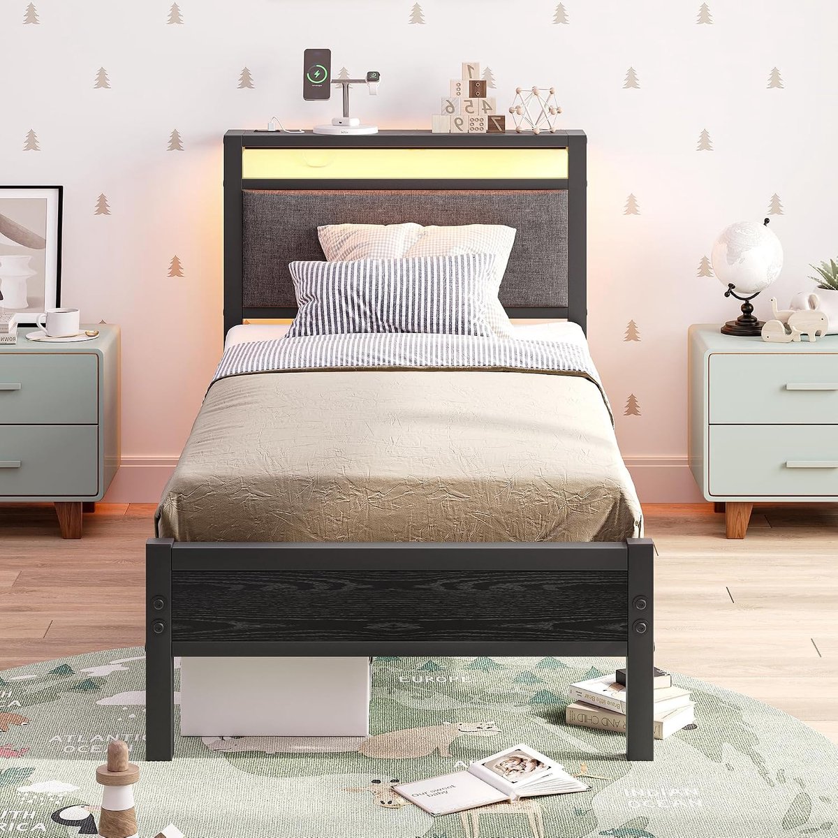 Bedframe 90 x 200 cm, bedframe met led en laadstation, metalen bed met hoofdeinde, modern logeerbed, tienerbed, metalen eenpersoonsbed met lattenbodem, voor slaapkamer, zwart
