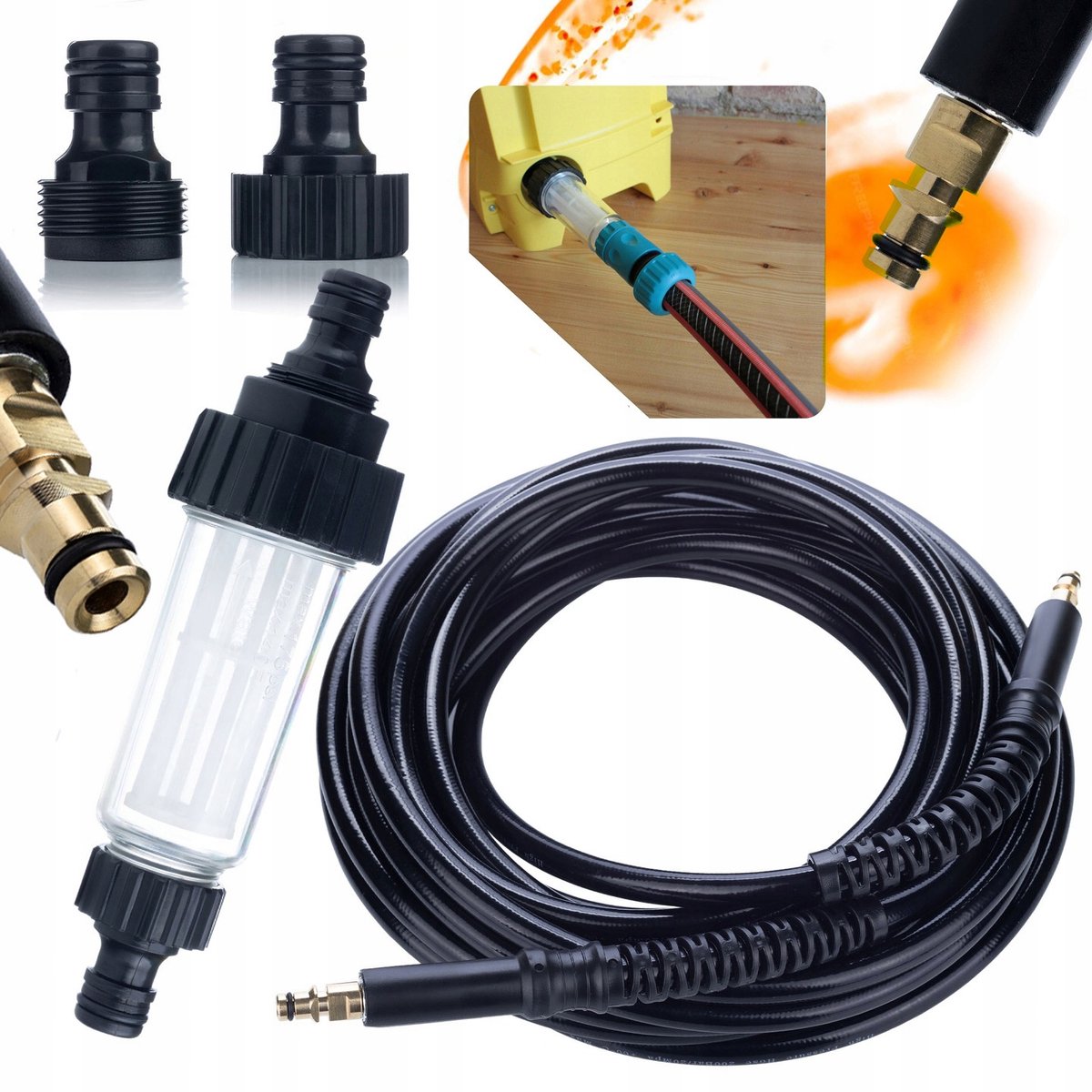 Rosfix Hogedrukslang Set 10 M Click-Click - Nylon Gevlochten, 180 Bar - Universele Waterfilter 3/4" - Geschikt voor Kärcher