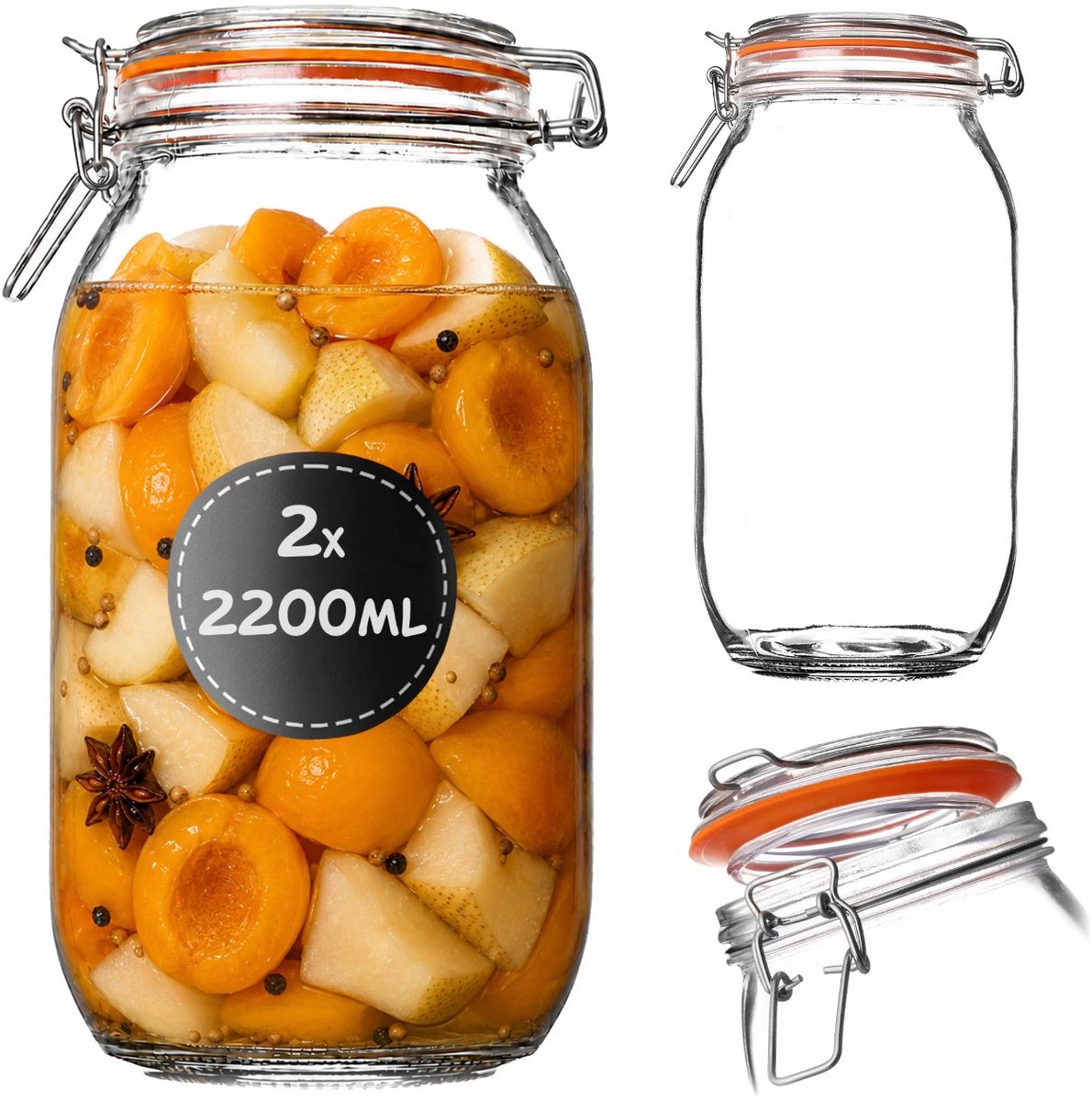 KADAX inmaakpot 2 stuks 2,2 l met beugelsluiting, luchtdichte glazen pot met rubberen afdichting en deksel, augurkenpot, grote glazen voorraadpot, fermentatiepot