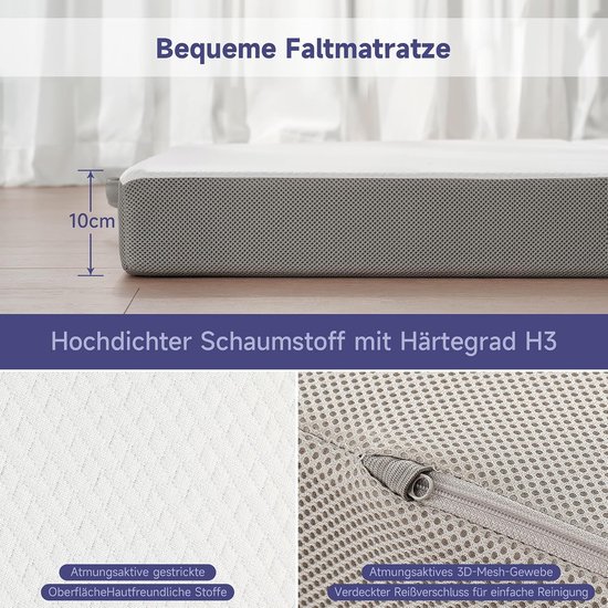 Vouwmatras Schuim - Opvouwbaar Logeerbed - Extra Slaapplek - Hoge Dichtheid Schuim - 120 x 195 cm - Wit Grijs — afbeelding 3