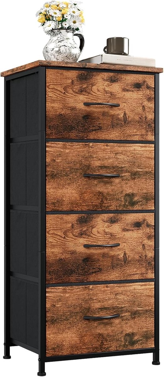 Ladenkastje - Houtnervoorstelling - 30D x 42B x 93H cm - Stalen Frame met Stoffen Laden - Voor Slaapkamer en Woonkamer