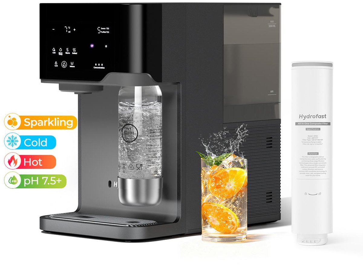 Hydrofast C300 Omgekeerde Osmose Waterfilter (ijs‑ en bruisend water) + HF04 Vervangfilterpatroon 5‑laags, 6‑traps filtratie, UV‑sterilisatie, TDS‑display