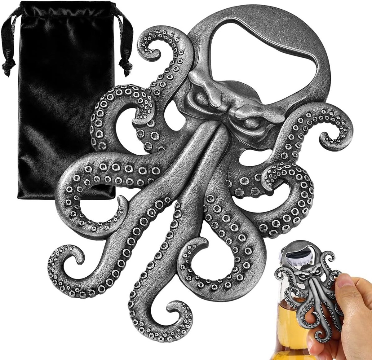 Mortier flesopener - Donker zilver - Octopus design - Robuust metaal - Voor mannen en barliefhebbers