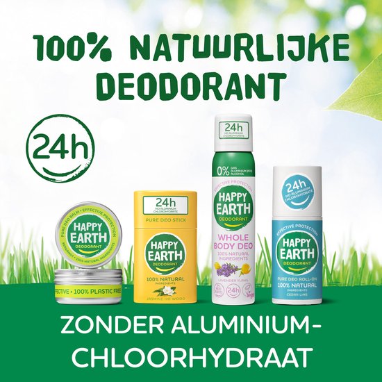 Collectie Happy Earth deodoranten: stick, roller, bodyspray en balsem. 100% natuurlijke deodorant zonder aluminium.