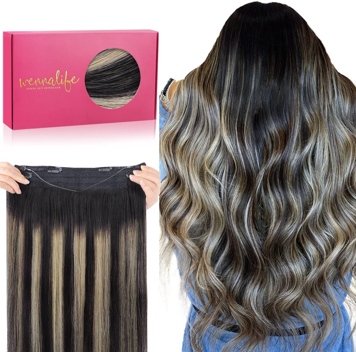 Omgoods - Echt Haar Extensions 30 cm, Natuurlijk Zwart tot Lichtblond