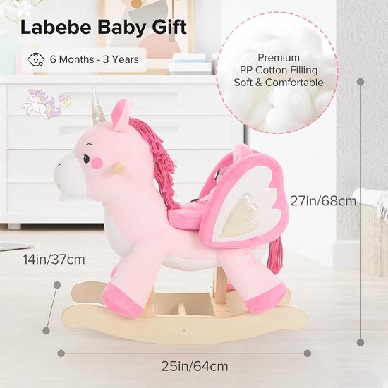 Houten Hobbelpaard Eenhoorn voor Baby's van 1-12 Jaar - Schommel speelgoed voor Binnen en Buiten, Roze van Merkloos — afbeelding 2