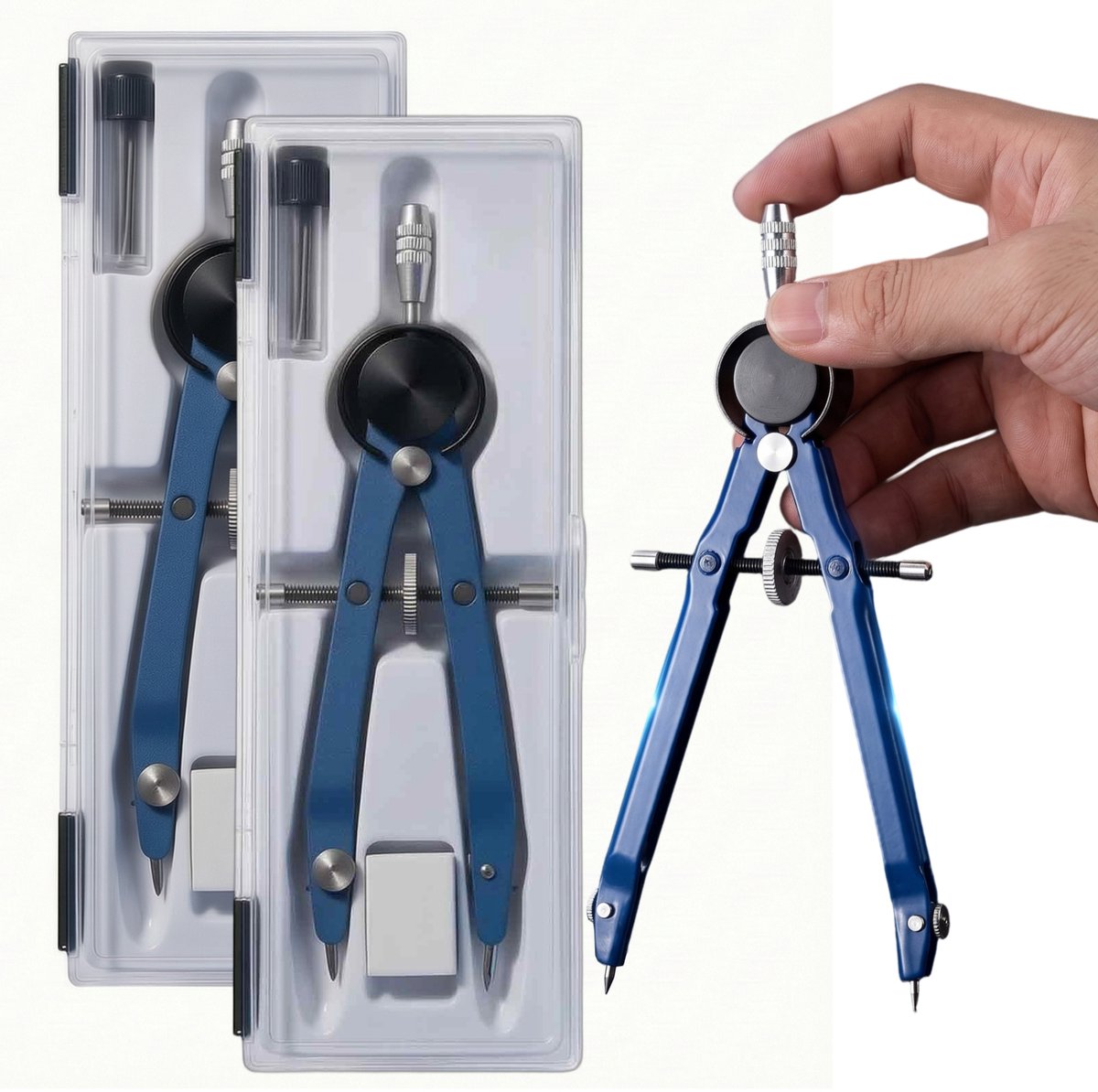 Fokelyi Snelverstelpasser Set - Precisie Schroefdraad Schoolpasser - Professionele Tekenset Met 2 Passers - Inclusief Vulpotloden En Gum - 16.50 x6.50x1.80cm-Diepblauw