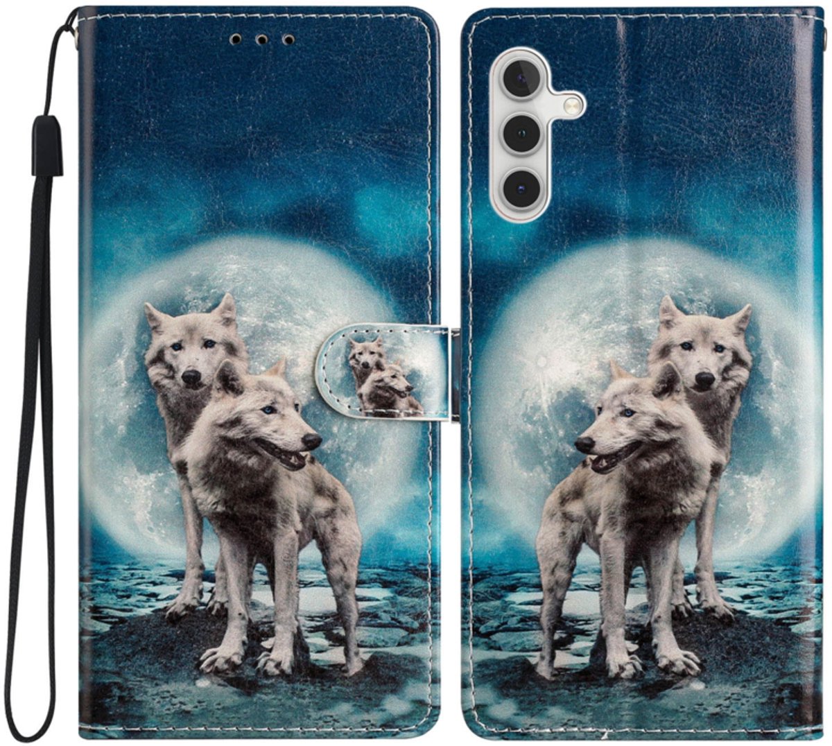 BoekCover Hoes Etui geschikt voor Samsung Galaxy A36 - A56 - A37 - Wolven - Maan