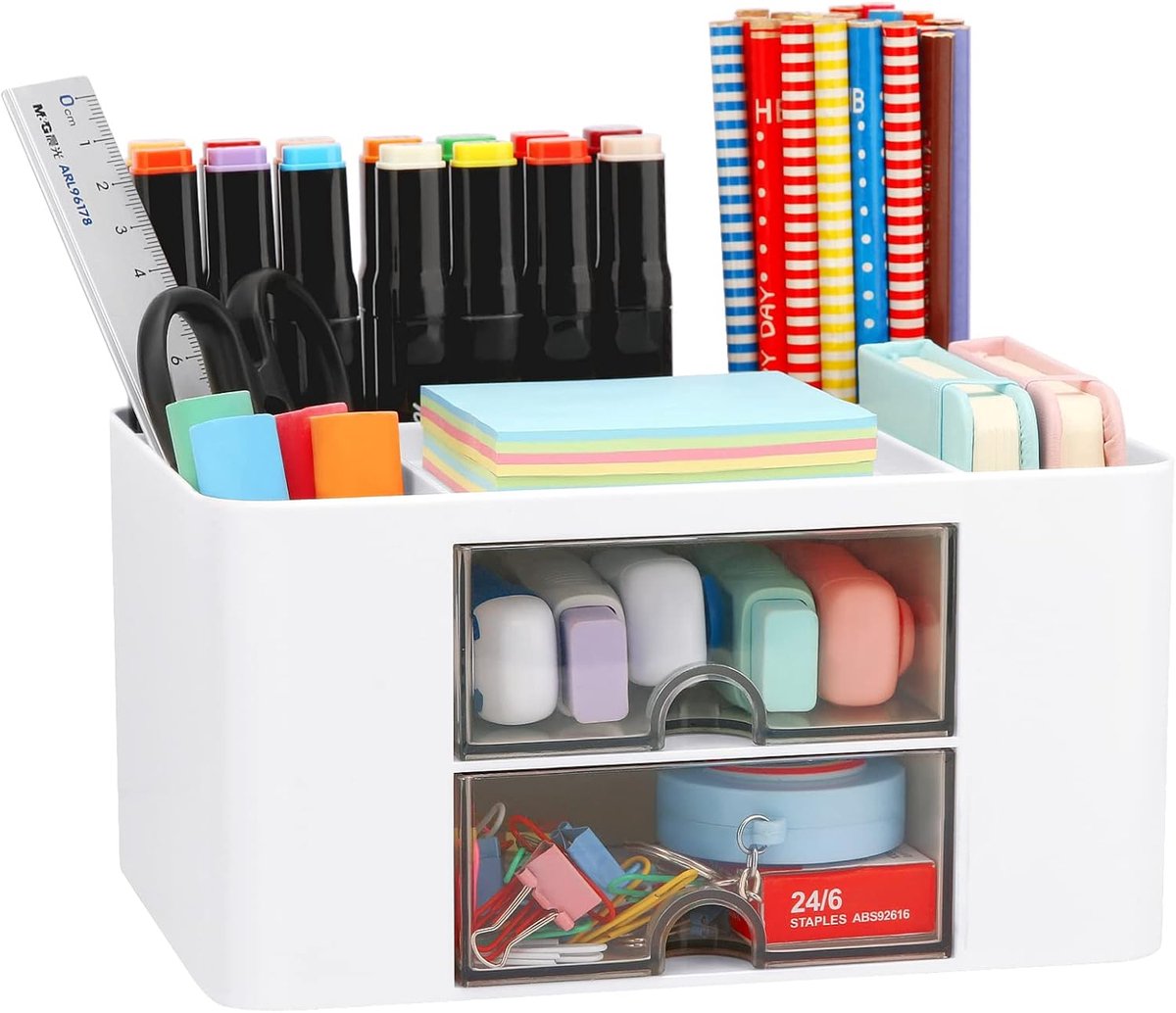 Bureau Opberger - Bureau Organizer - Kantoor Organiseren - Met 2 Laden - 19.5 x 14 x 10 cm - Wit