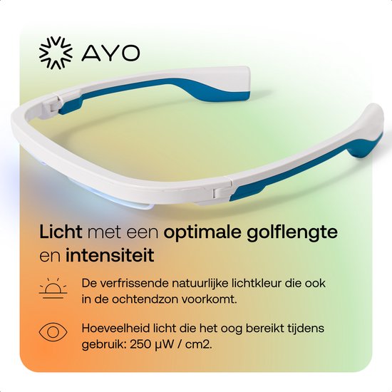 Een witte en blauwe lichtbril, die licht afgeeft. Beschreven als 'Licht met een optimale golflengte en intensiteit'.