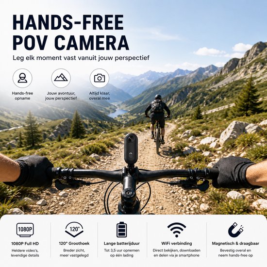 Middelste shot van een fietser met een WINNES sportcamera op het stuur, bergen op achtergrond.