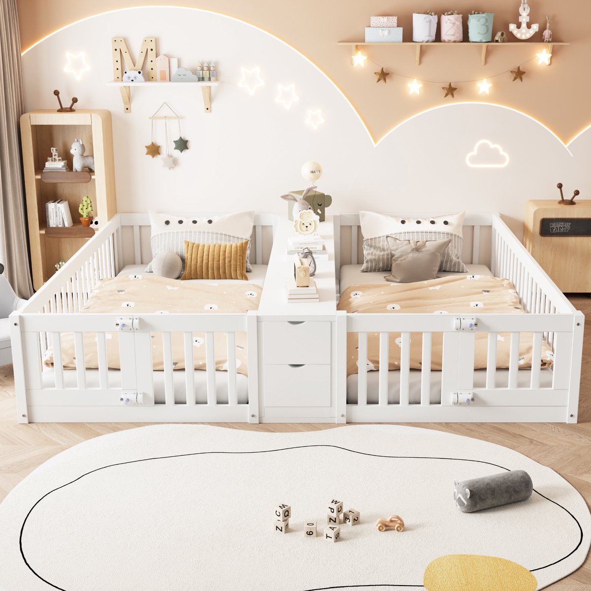 VVBV Kinderbed 90x200 cm - Uitvalbeveiliging, Opbergruimte, Met Lades, Ruimtebesparend - Wit, Hout