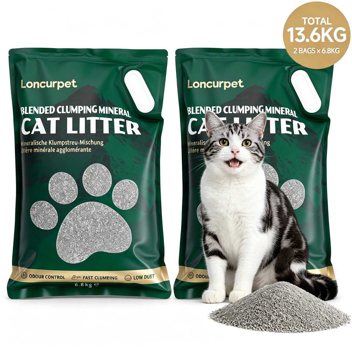 Loncurpet - Kattenbakvulling - Kattengrind - 2 x 6,8kg - Premium Natuurlijk Ruw Erts Gemengd - Plakt Nergens Vast - Stevige Klonten - Effectieve geurneutralisatie