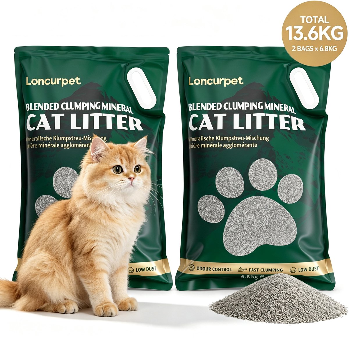 Loncurpet - Kattenbakvulling - Natuurlijk Ruw Erts Gemengd Kattengrind - 2 x 6,8kg - Sterke Klontvorming - Stofarme Formule - Geurneutraal - Geen vastplakresten