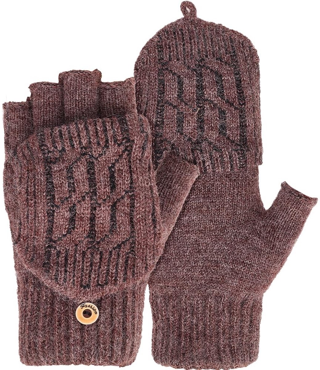Elzusha - Wollen Vingerloze Handschoenen met Klep - Warm & Comfortabel - Bruin