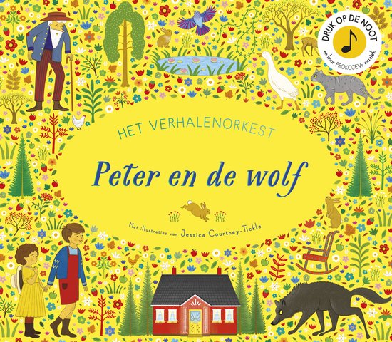 Een kleurrijke, speelse illustratie van 'Peter en de Wolf' met dieren, een huis en mensen, omringd door bloemen en planten.