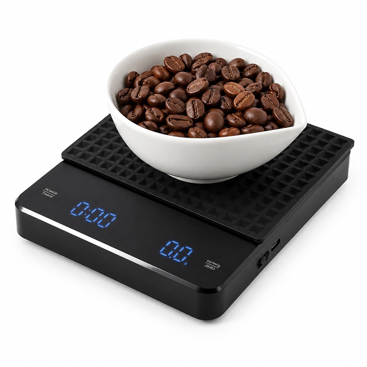 Digitale Koffieweegschaal voor Handfilterkoffie, Espresso en Bakken - Precisieweegschaal 0,1 g tot 3 kg - Maximaal 5 kg - Met Koffietimer en Tarrafunctie - USB-C Oplaadbaar - Inclusief Antislipmat - Zwart