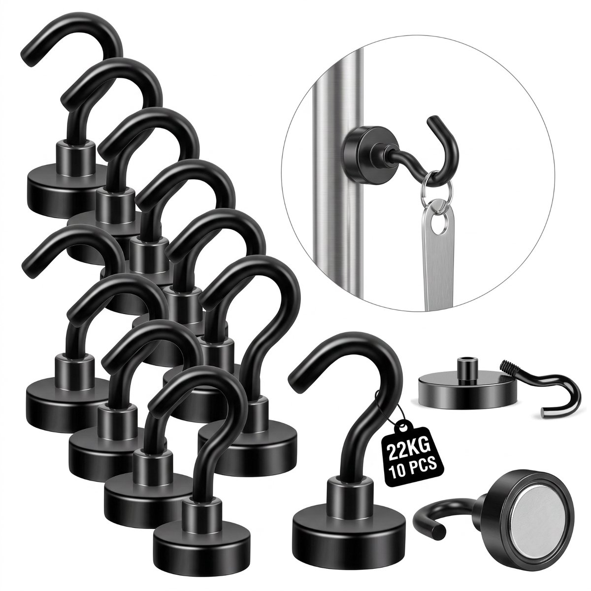 Fokelyi Magnetische Ophanghaakjes 10 Stuks - 22kg Draagkracht - 43x25mm Neodymium Magneethaken-Super Sterke Magneethaken-Drievoudig Vernikkeld-Sterke Haken -Zwart-Ideaal Voor Zware Taken
