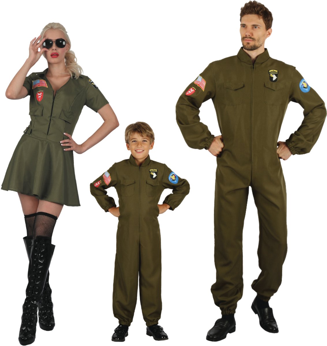 Joya Kids® Piloten Verkleedpak Kind | Carnavalskleding Kinderen | Verkleedkleren | Stoer Militair Jumpsuit Kostuum Jongens Top | Donkergroen Vliegpak met Emblemen Gun | Verkleedkleding Jongen Straaljager Piloot | | | Medium — afbeelding 6
