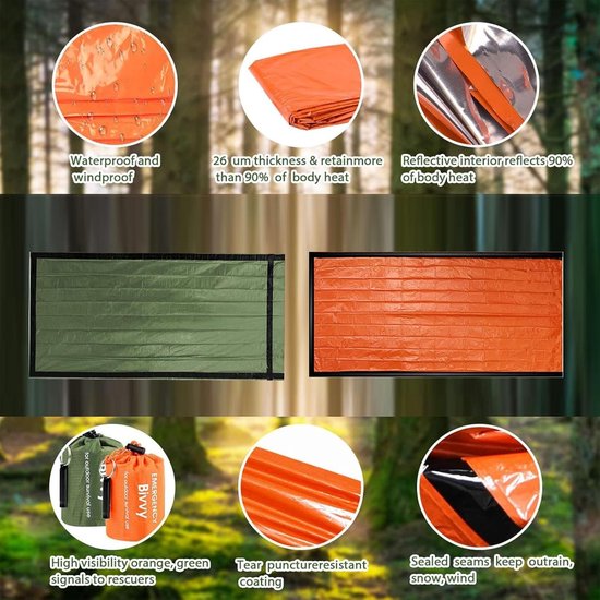Nood Bivakzak voor Overleving, Waterdichte en Warmte-isolerende Slaapzak, Ideaal voor Kamperen en Outdoor Activiteiten, 213×91cm, Groen — afbeelding 2